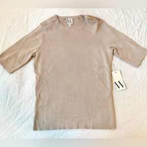NWT Ribbed Elbow Sleeve Knit Top with Satin Shoulder Detail Size L